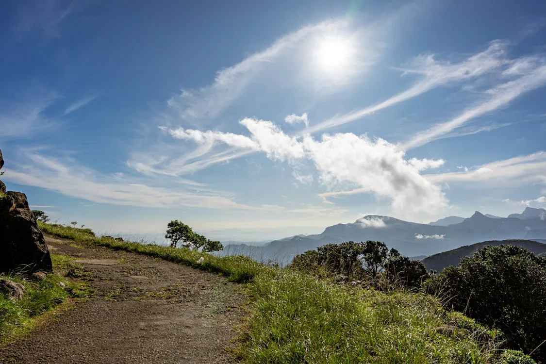 Abstract mountain peaks with flowing trail paths under a warm-toned sky