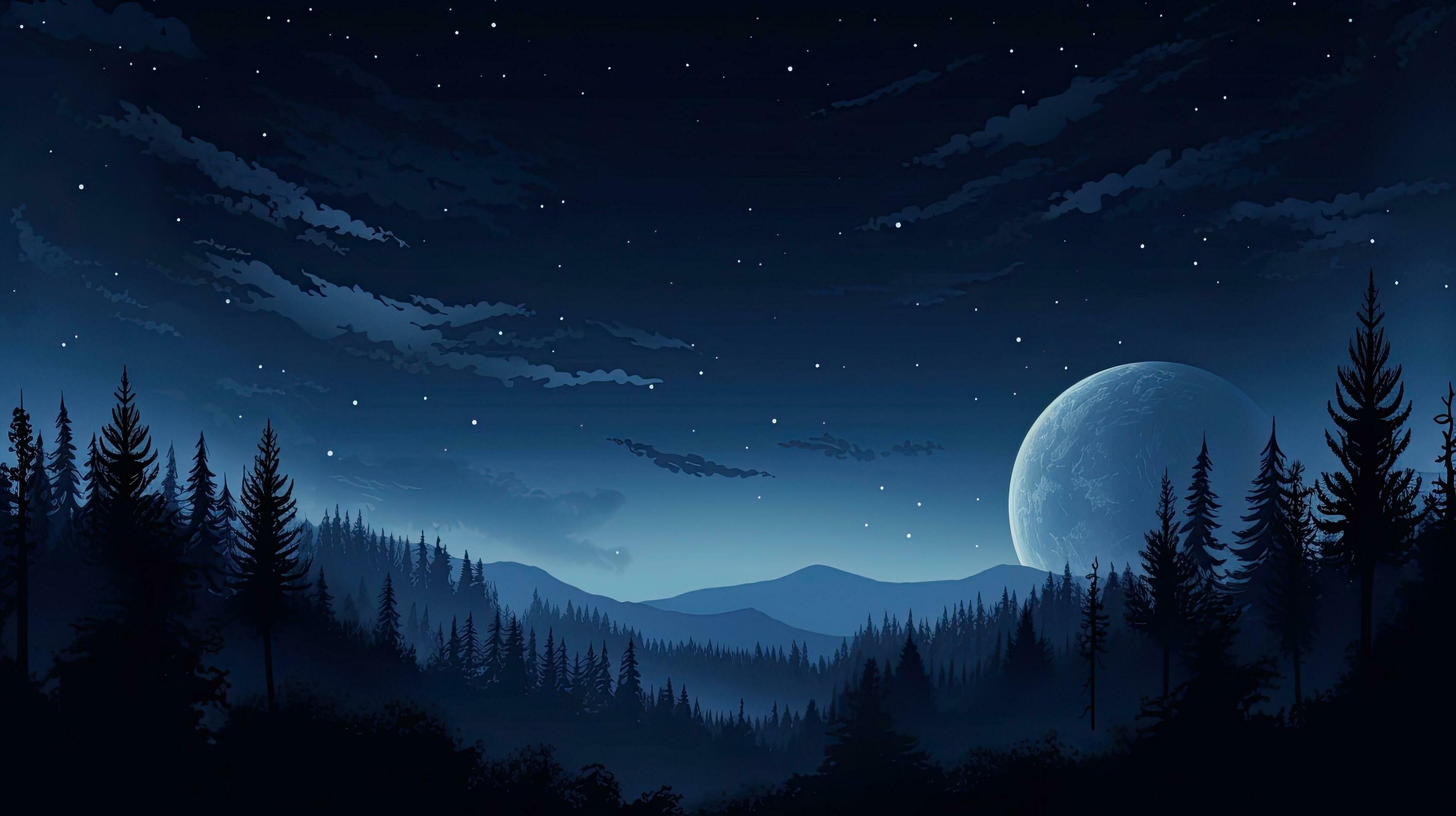 Abstract forest silhouettes with atmospheric moonlight and layered fog in a serene woodland setting